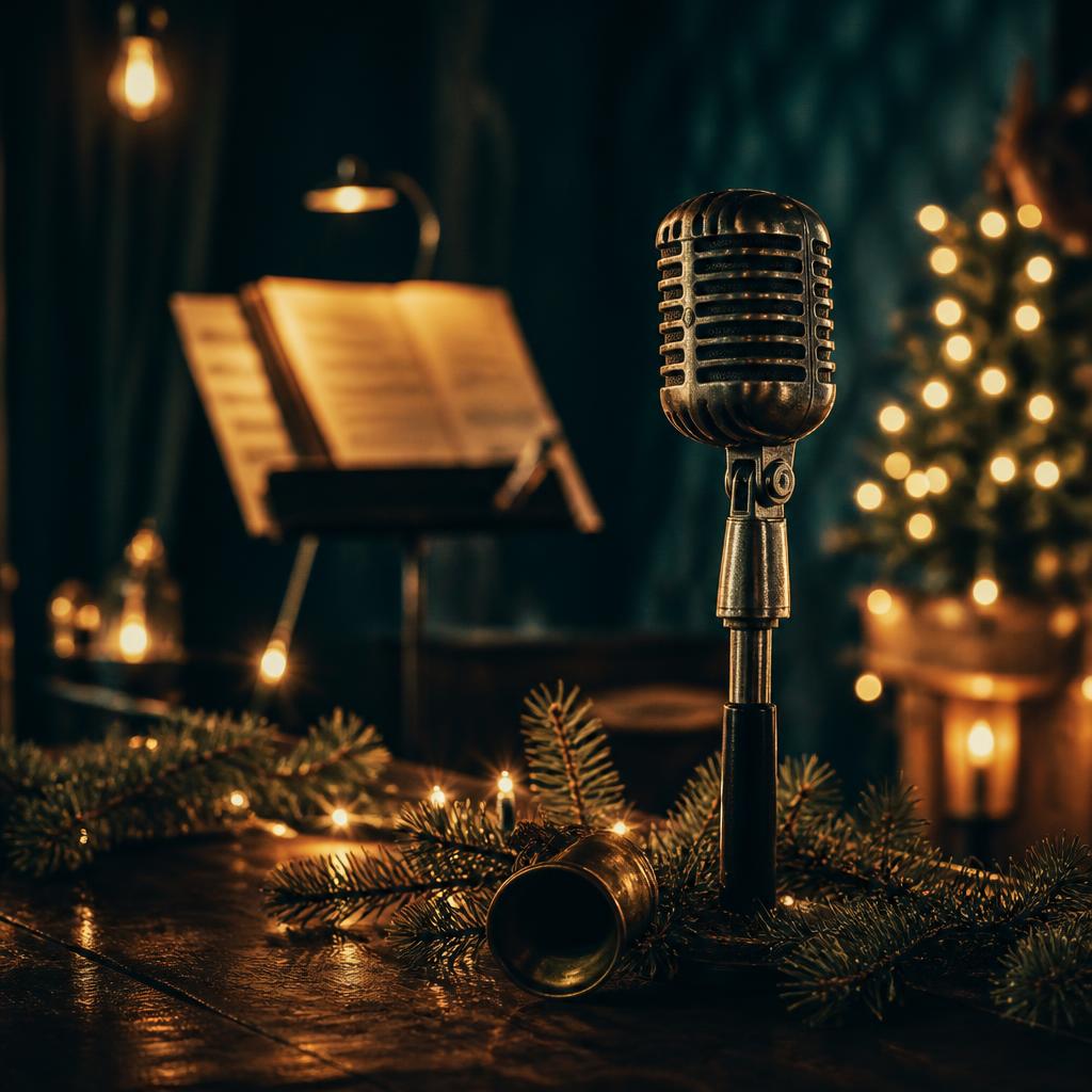 A vintage microphone framed by warm holiday lights and pine sprigs — the reusable player background for every holiday song clip